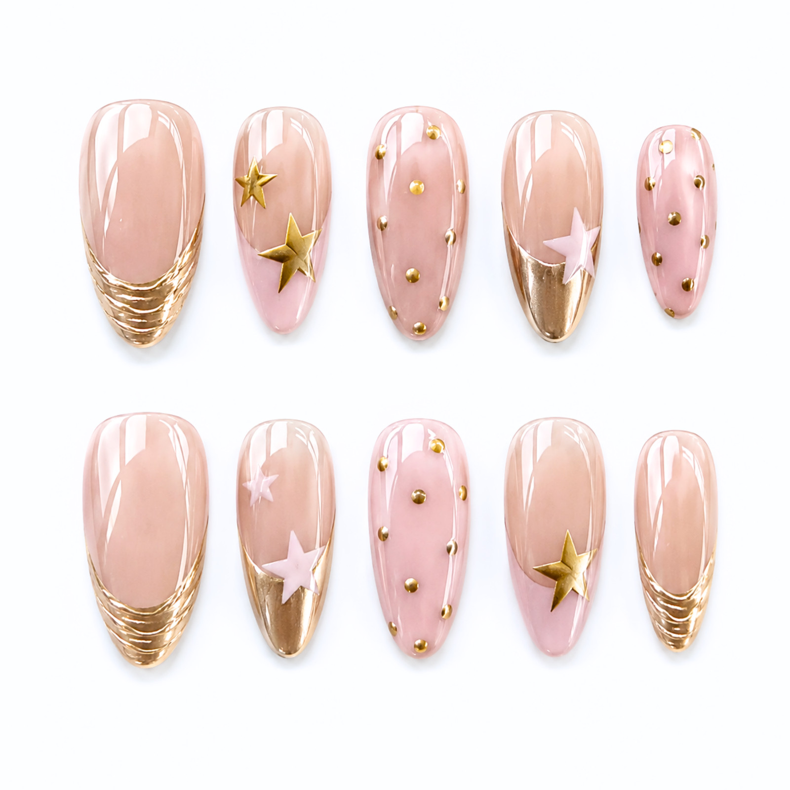 Handmade Nude Pink Gold Star Press On Nails Celestial Custom Set