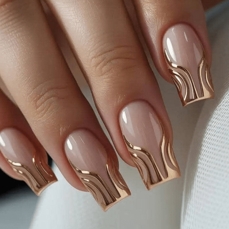48pcs Long Square Press on Nails, Nude Gold Wave Metallic Gloss Elegant Nails