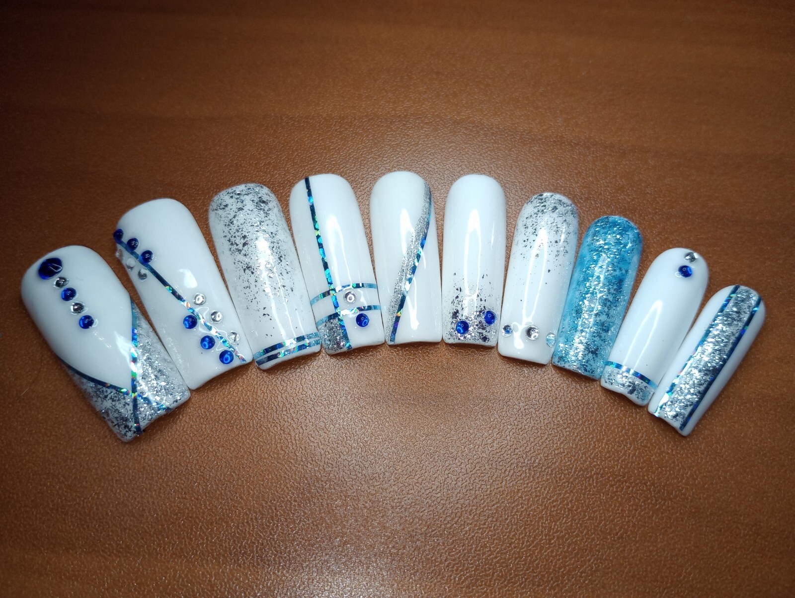 White/Blue Sparkle, XL Square, Full Coverage, Rhinestone, XL PressOns, Handmade