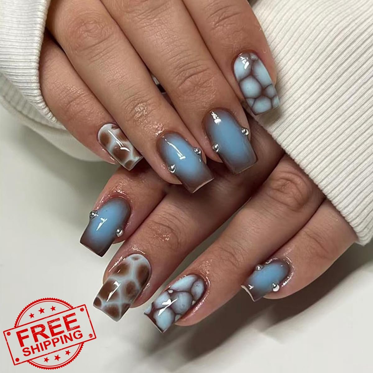 plalely Blue Turtle Print Square Press on Nails 24pcs