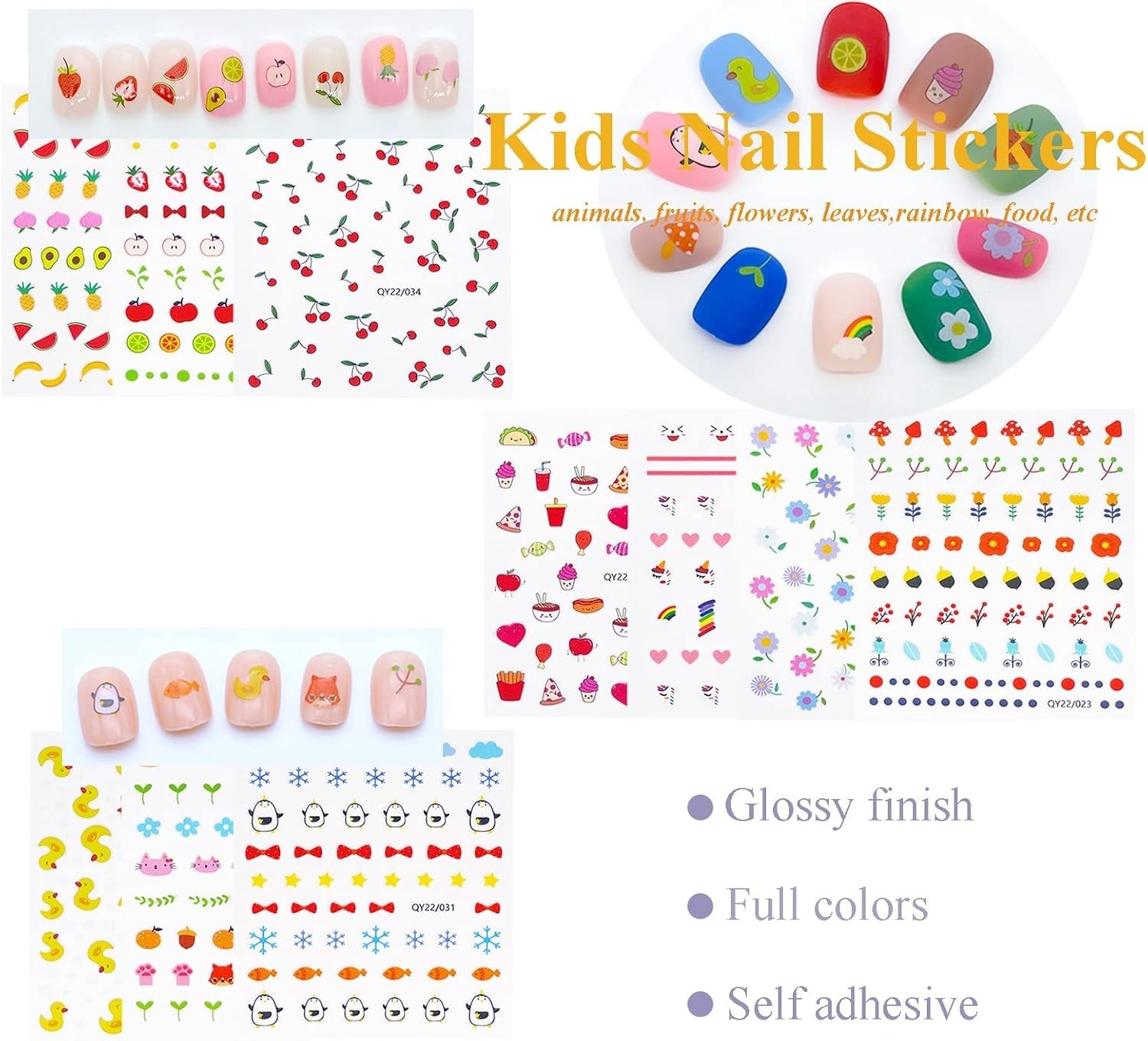 10 Sheets Cute Nail Stickers for Kids Including Animals Fruits Flowers Food R…