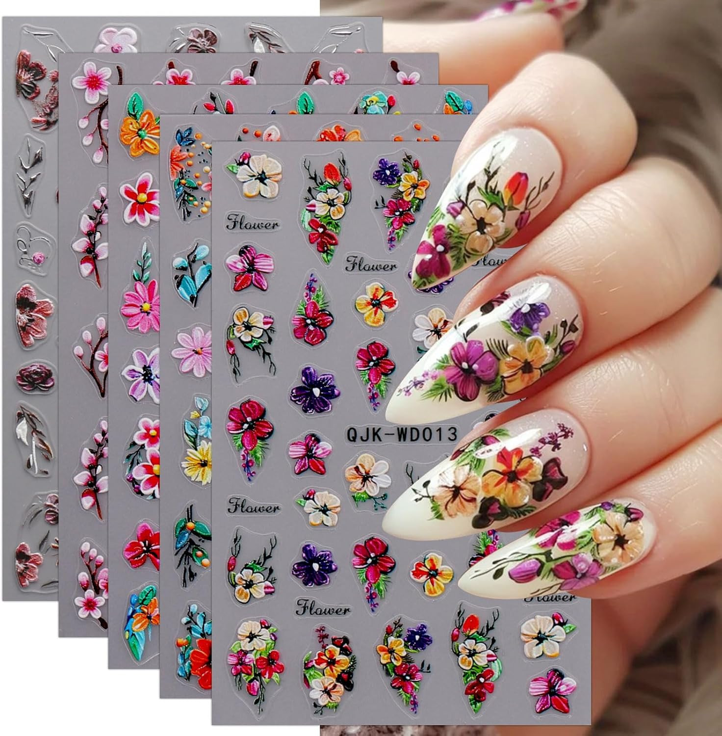 6 Sheets Flower Nail Art Stickers Decals Self-Adhesive Spring Summer Floral Nail