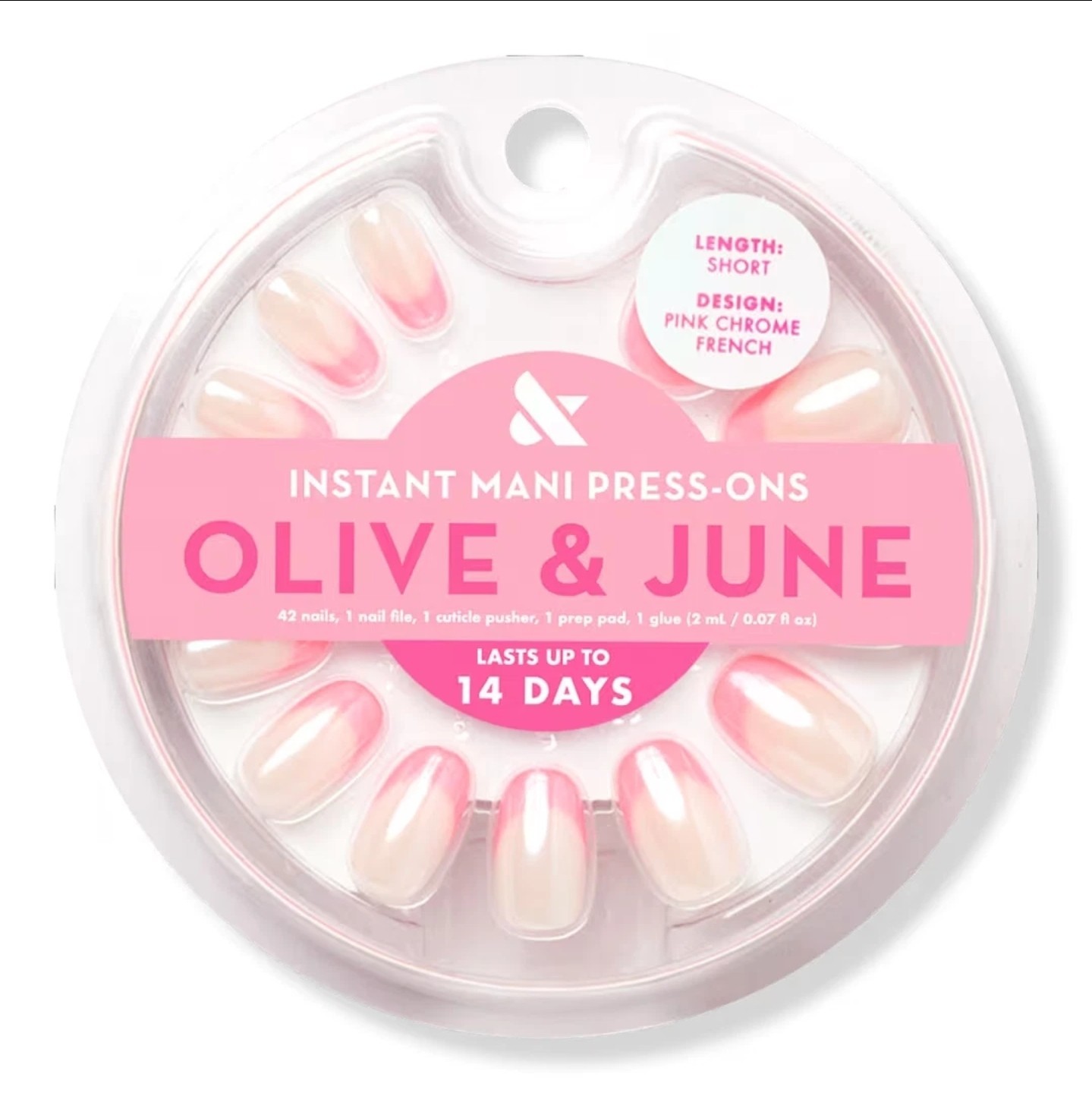 Olive & June Press On Nails Pink Chrome French Short Glossy Glue On Manicure Set