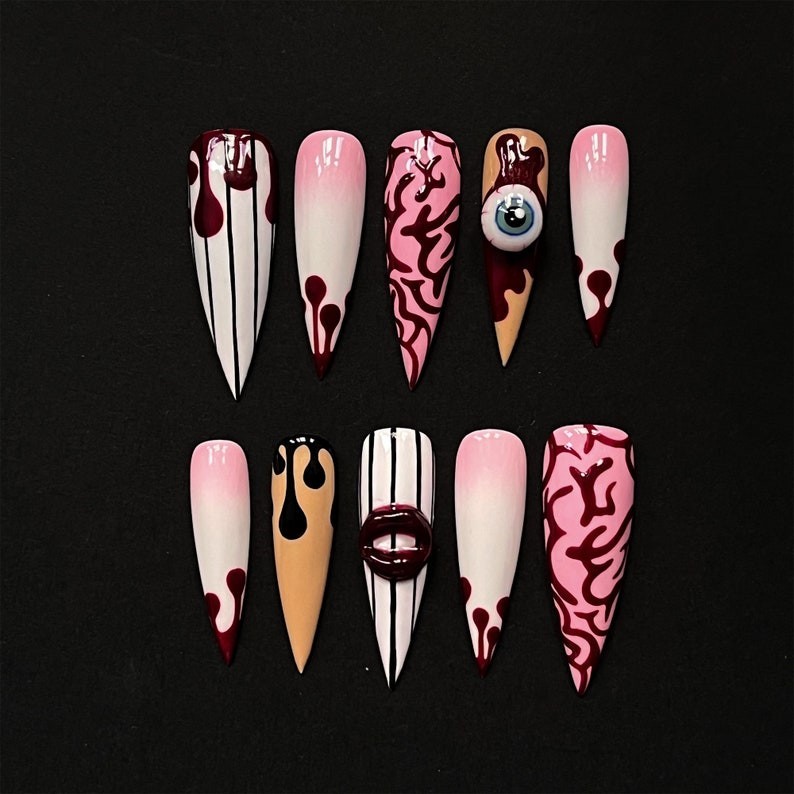 Handmade Scary Bloody Eye Halloween Press On Nails Custom Blood Fake Nails Art