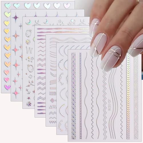 12 Sheets Nail Art Stickers Decals 3D Self Adhesive Silver Line Star Aurora