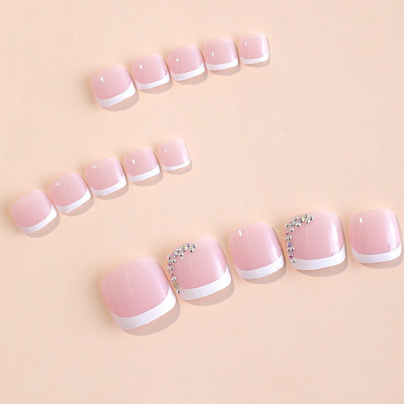 48Pcs-Nude White French Rhinestone Short Square Press on Toe Nail Set