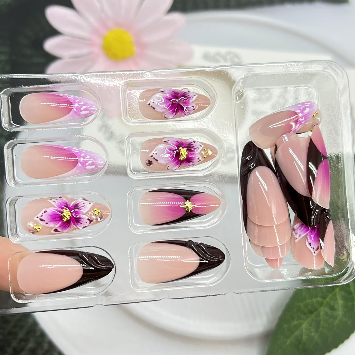 3D Purple Flower Press on Nails Medium Almond Fake Nail Black French Tip False N