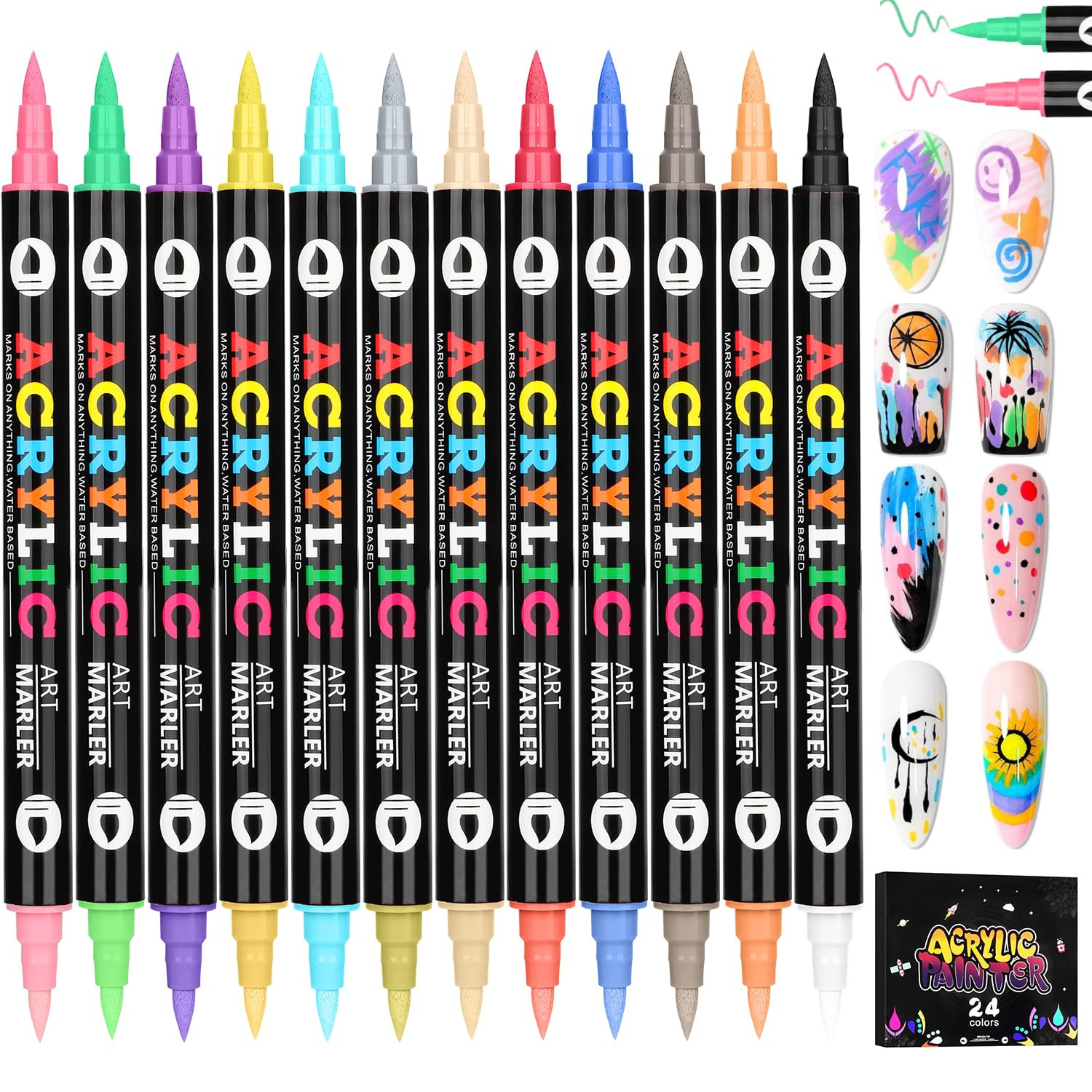 24 Colors Nail Art Pens Set, 3D Nail Polish Markers with Dotting Liner Brush for
