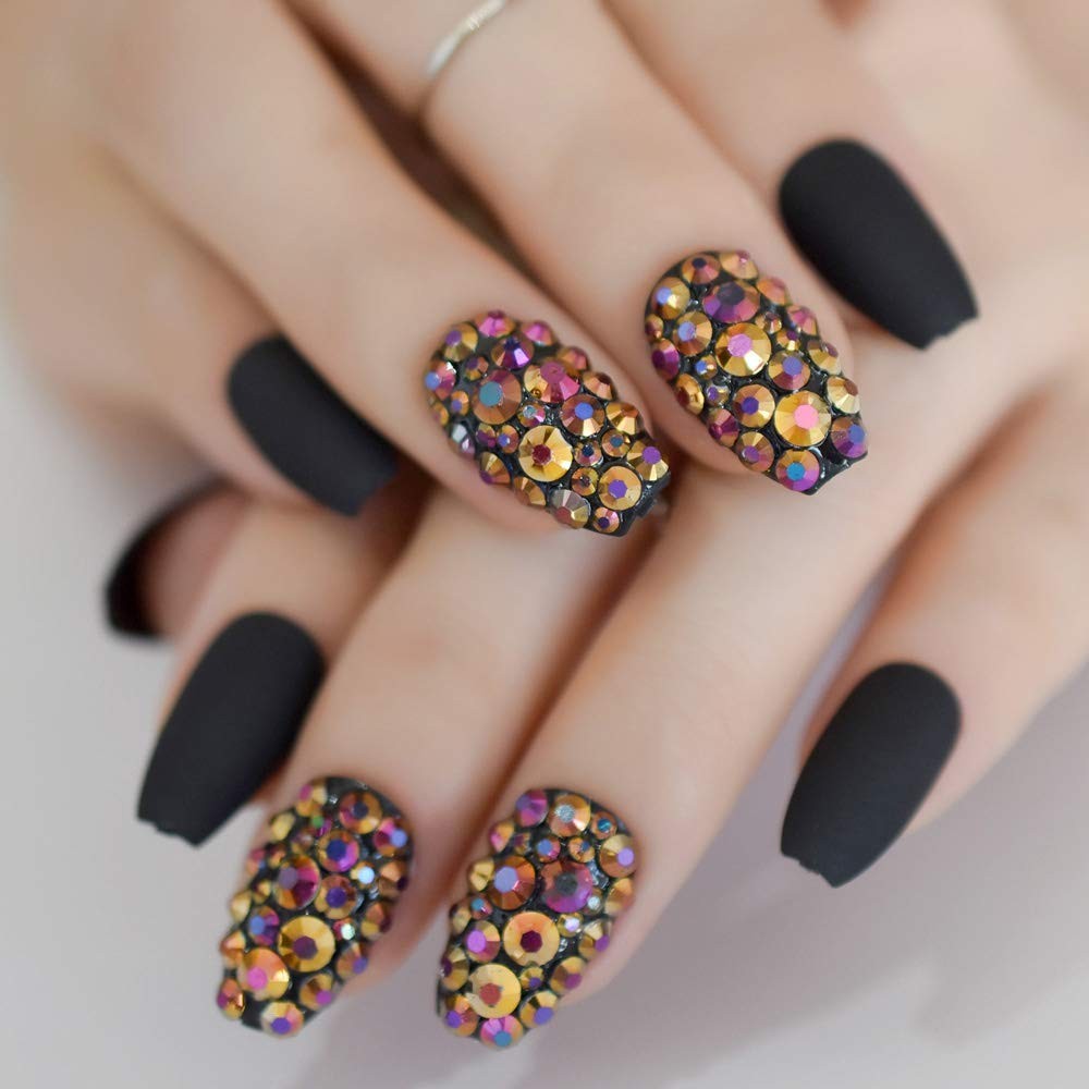 Frosted Coffin Nails Set Crystal Press On Medium (24 Count), Black