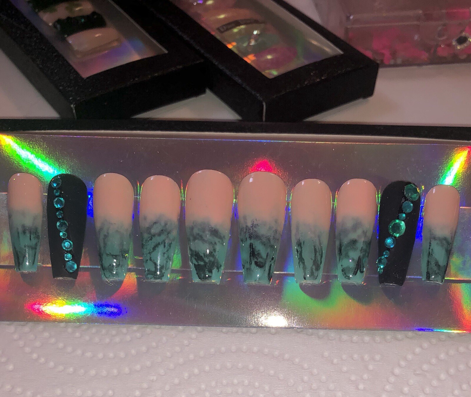 Green and Black Turquoise Ombre Press on Nails with Rhinestones