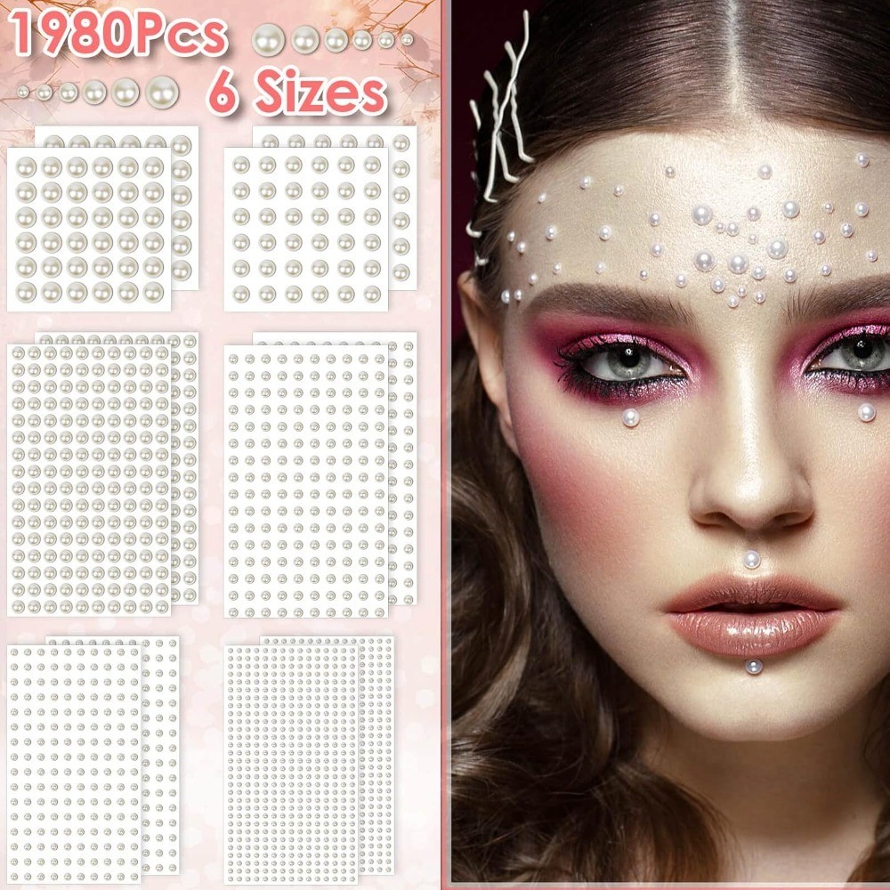 1980Pcs Self Adhesive Pearl Stickers, Pearls Sticker Gems for Hair, Face,