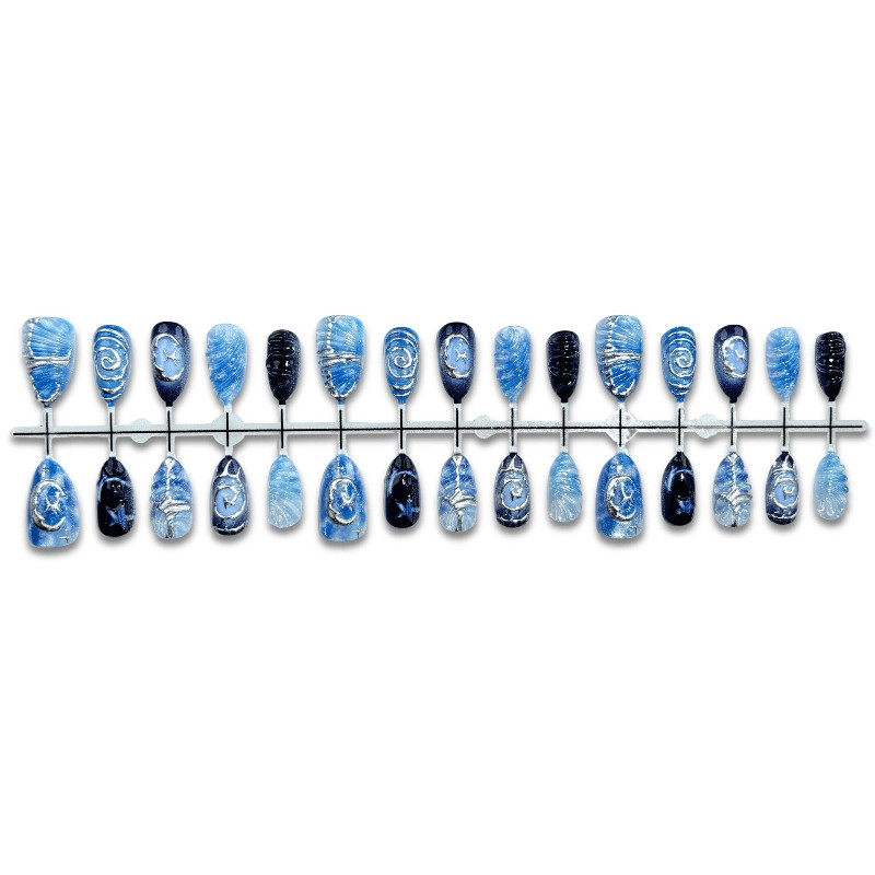 60 Pcs Blue Moon Metallic Oval Press On Nails, Y2K Cool Glossy Fake Nails