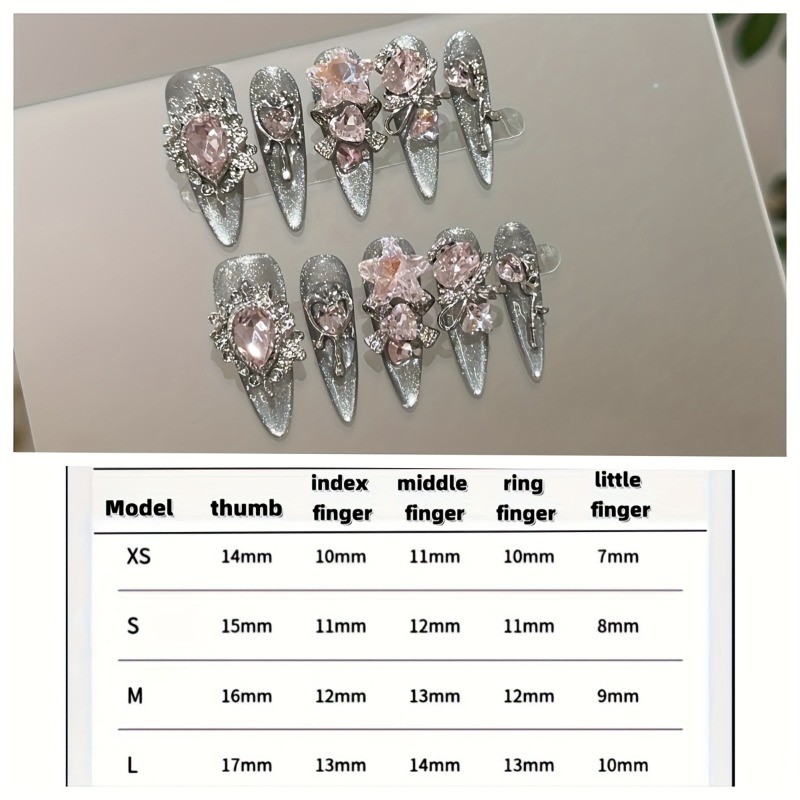10Pcs Handmade Black Silver Cat Eye Nails Pink Diamond Long Stiletto