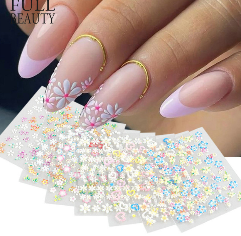 10 Sheets 3D Daisy Flower Butterfly Nail Art Stickers Charms Decoration Manicure