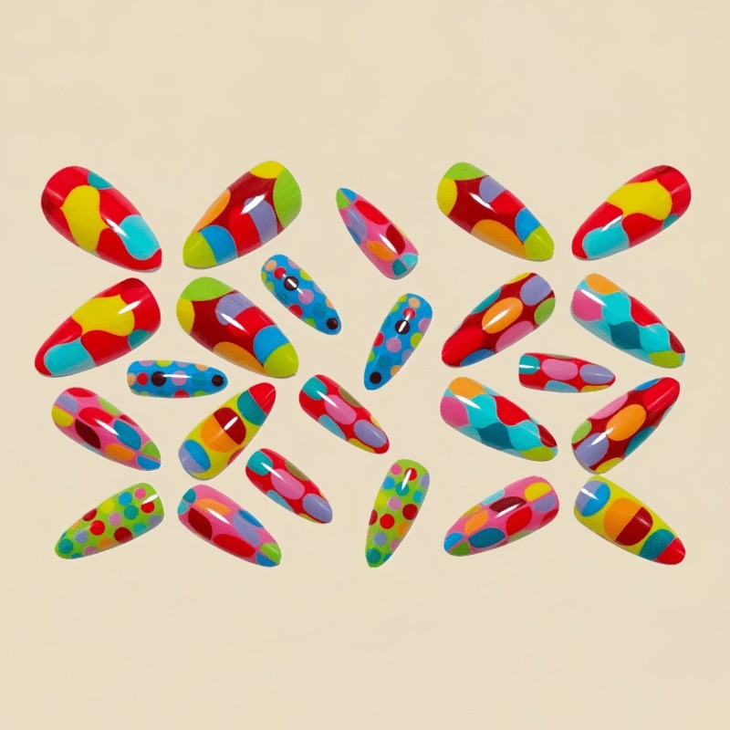 48 Pieces of Color Blocked Polka Dot Art Fake Nails – Removable Fake Nail Art