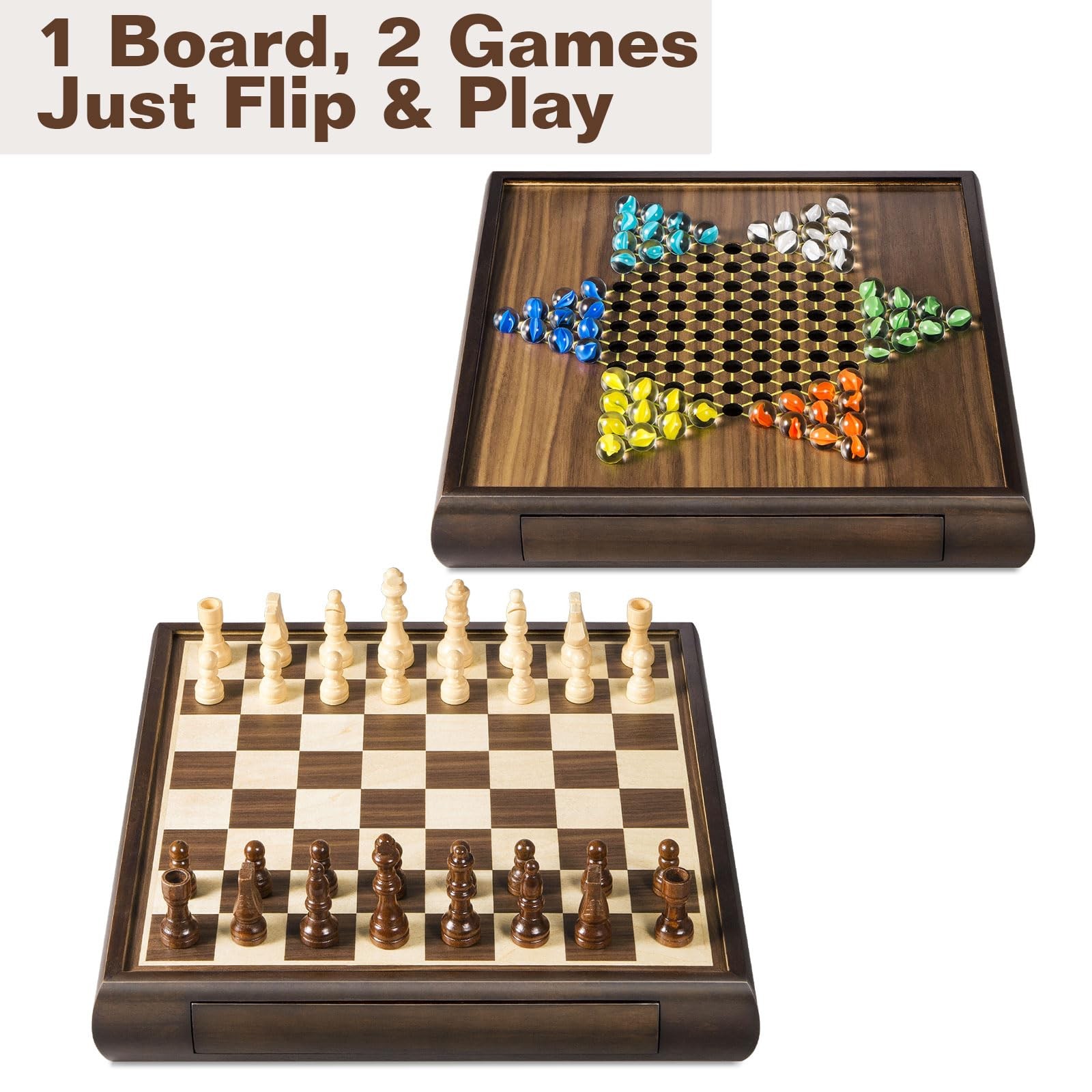 ELONGDI 2 in 1 Magnetic Chess Set & Chinese Checkers 13″ 13 X 13 X 2.2 inches
