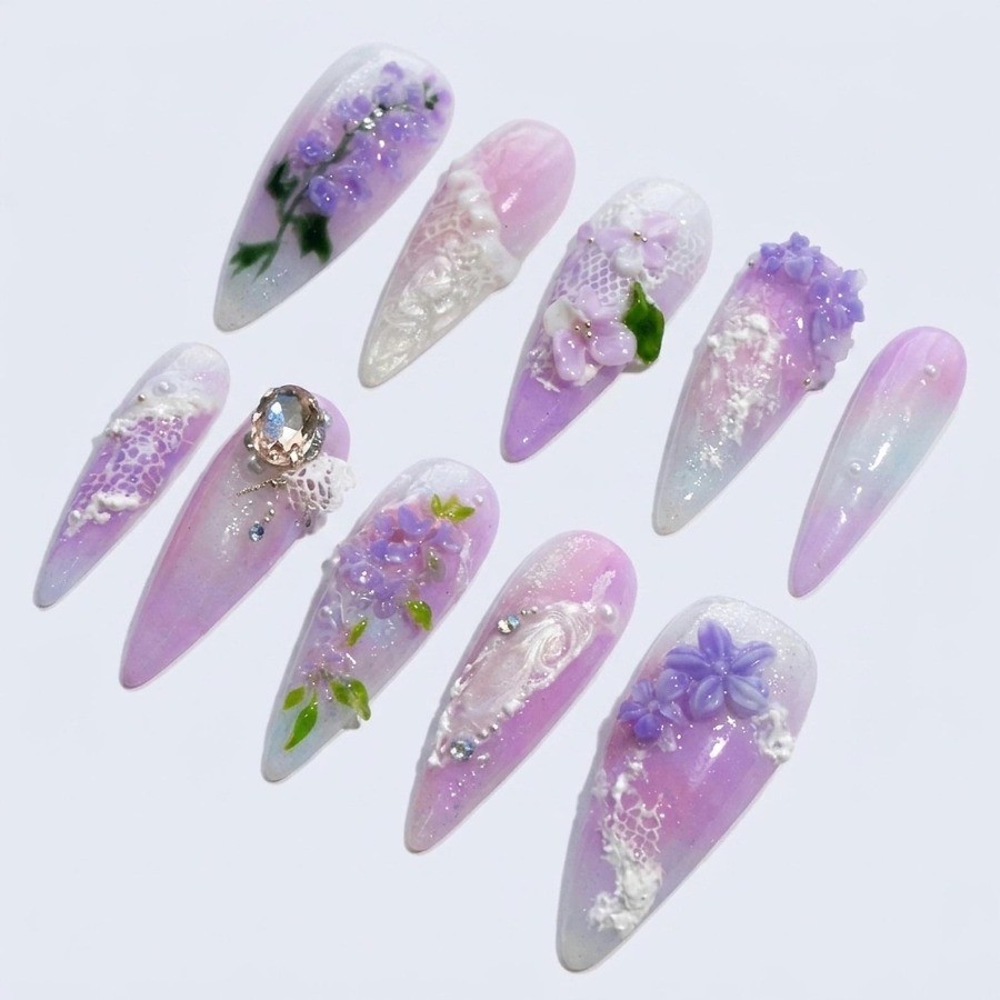 Custom Pure Handmade Nails Wisteria Lace Pearl Rhinestone Wedding Manicure