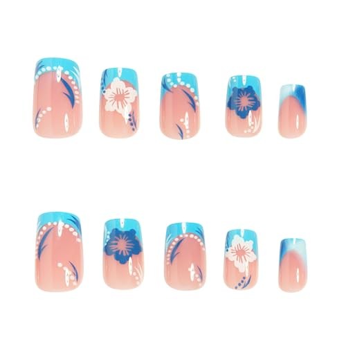 Press on Square Nails – Short Length Glossy Full Cover – Blue, French, Floral