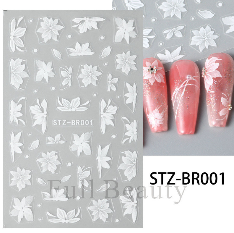 3D White Lace Flower Nail Art Lily Petal Floral Matte Effect Nail Stickers NH27