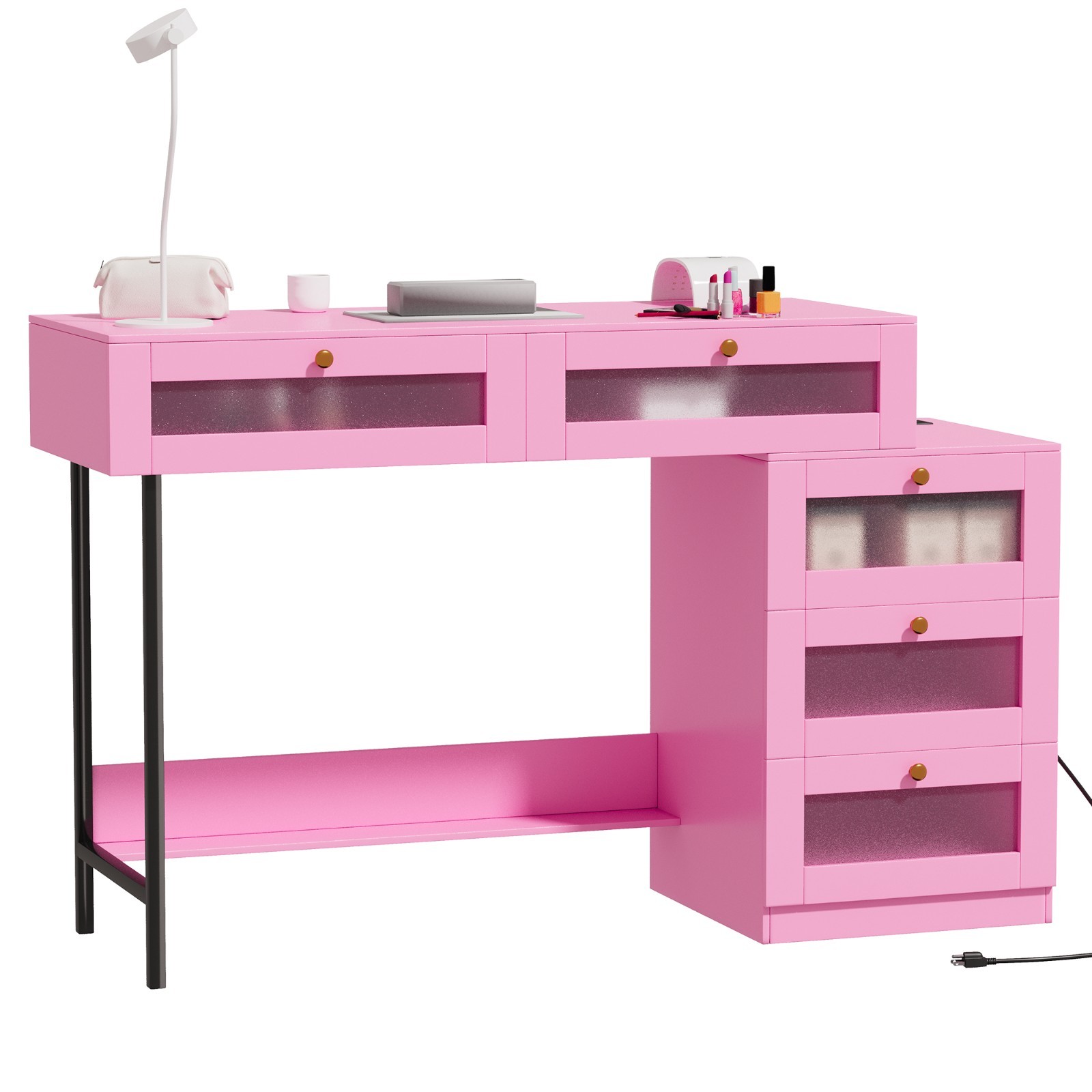 Pink Manicure Table Nail Desk Nail Table Beauty Salon Station w/Storage Drawers