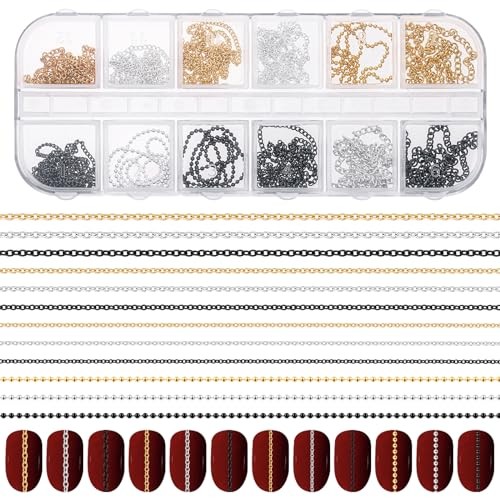 Hariendny 12 Strips Nail Chain Charms, Metal Nail Art Chains, 3D Gold Silver