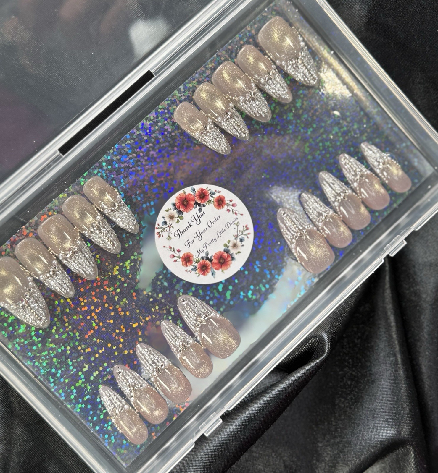 Handmade Press on nails, Silver Glitter Detailing in Long~Includes Free Gifts❣️