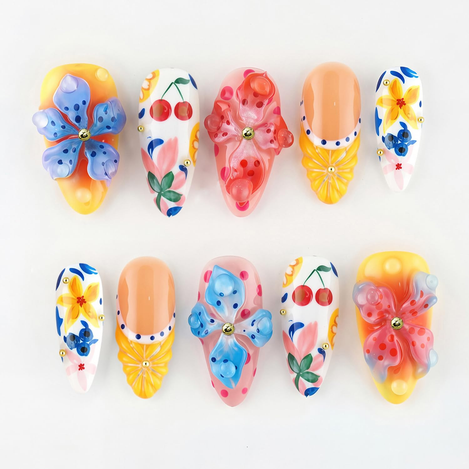 30Pcs Pink Press on Nails Medium Almond Fake Nails with Gold Beads 3D Flower Acr