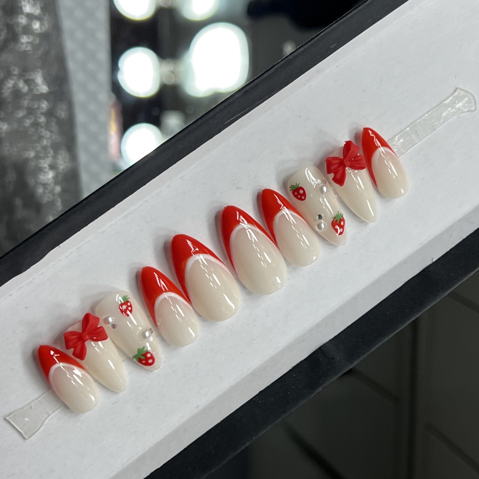 🍓 CUSTOM Hard Gel Press On False Nails, Strawberry 10p Set Medium Almond W Kit