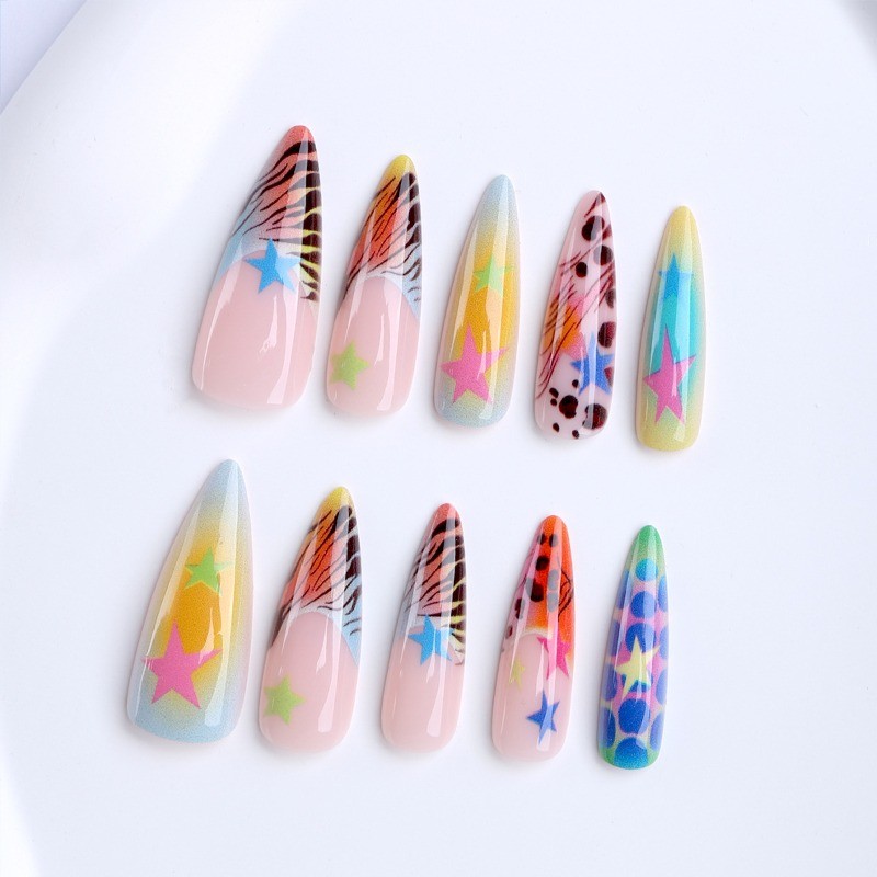 48pcs-Playful Summer Press on Nails, Medium Almond Tie-Dye & Star Acrylic Nails