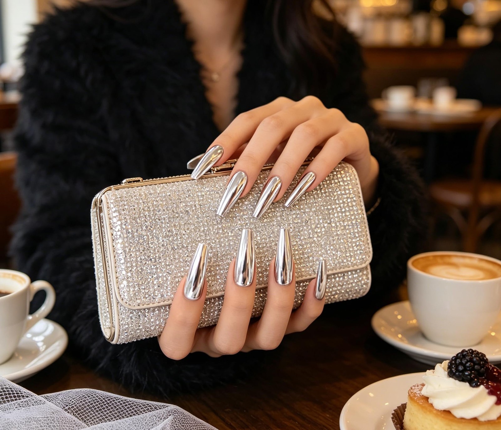Super Long Shiny Punk Style Silver Coffin Ballerina Press on False Nails Meta…