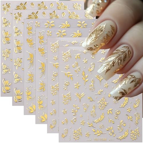 6 Sheets Gold Nail Stickers 3D Metallic Gold Flower Leaf Nail Stickers -5