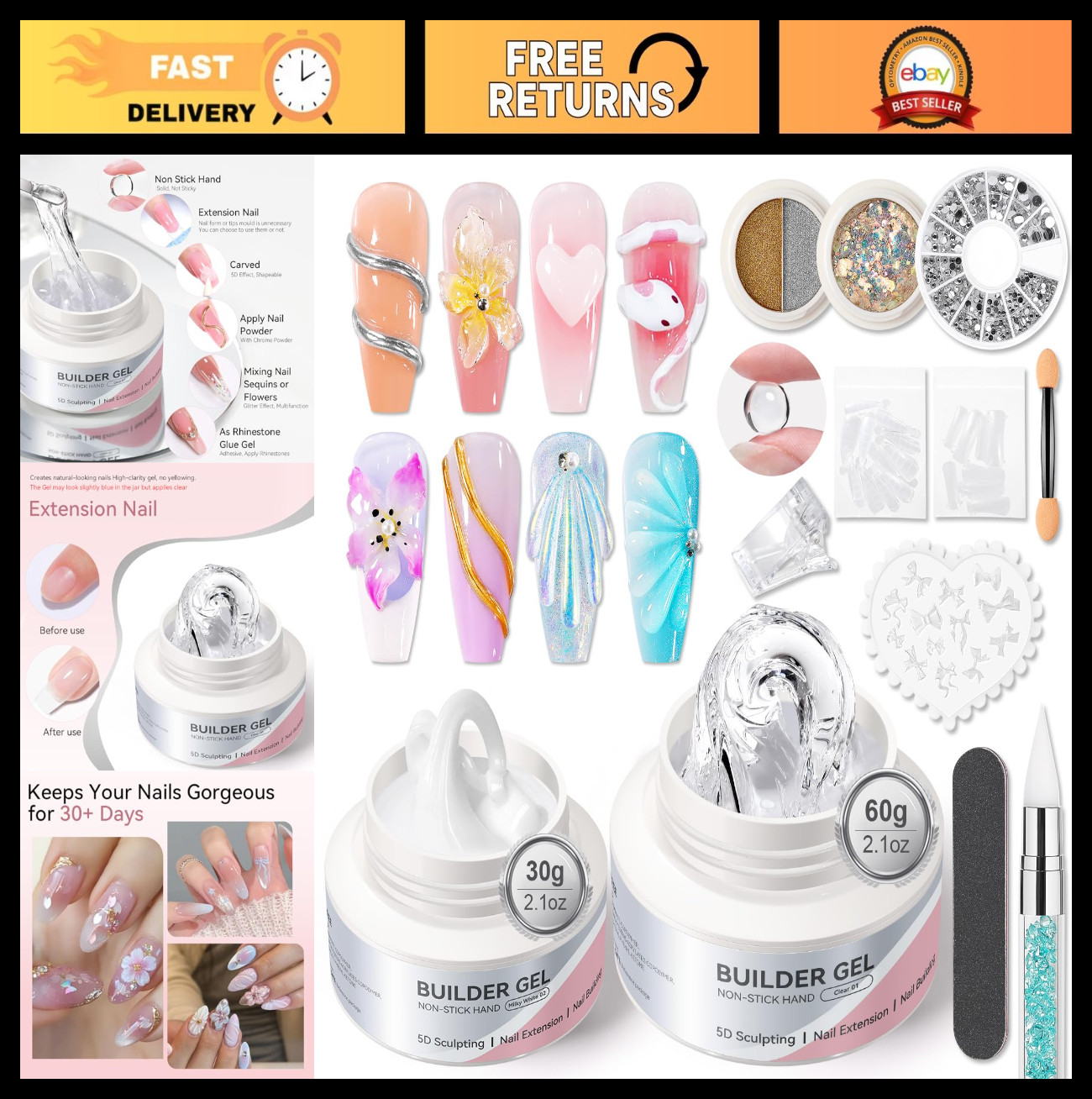 3D Sculpting Builder Gel for Nails – Clear & White Hard Gel for Nail Art, Extens