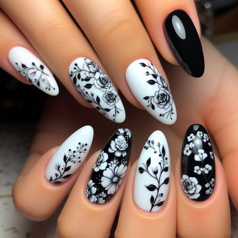 48pcs-Elegant Floral Press on Nails with Black Roses on White and Black Bases