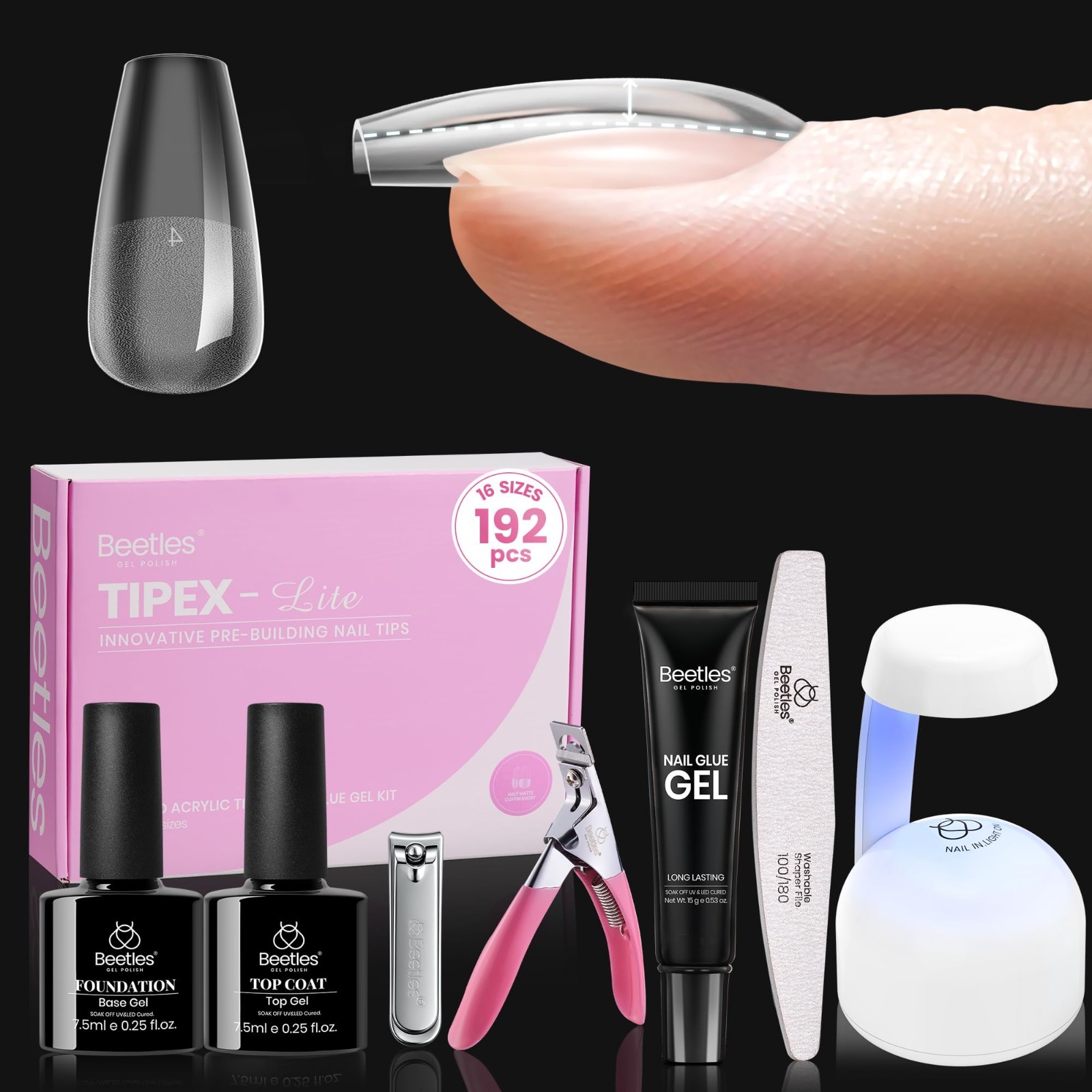 192pcs Coffin Nail Tips Kit – Short Pre-Built Acrylics, UV Glue, Mini Lamp & Too