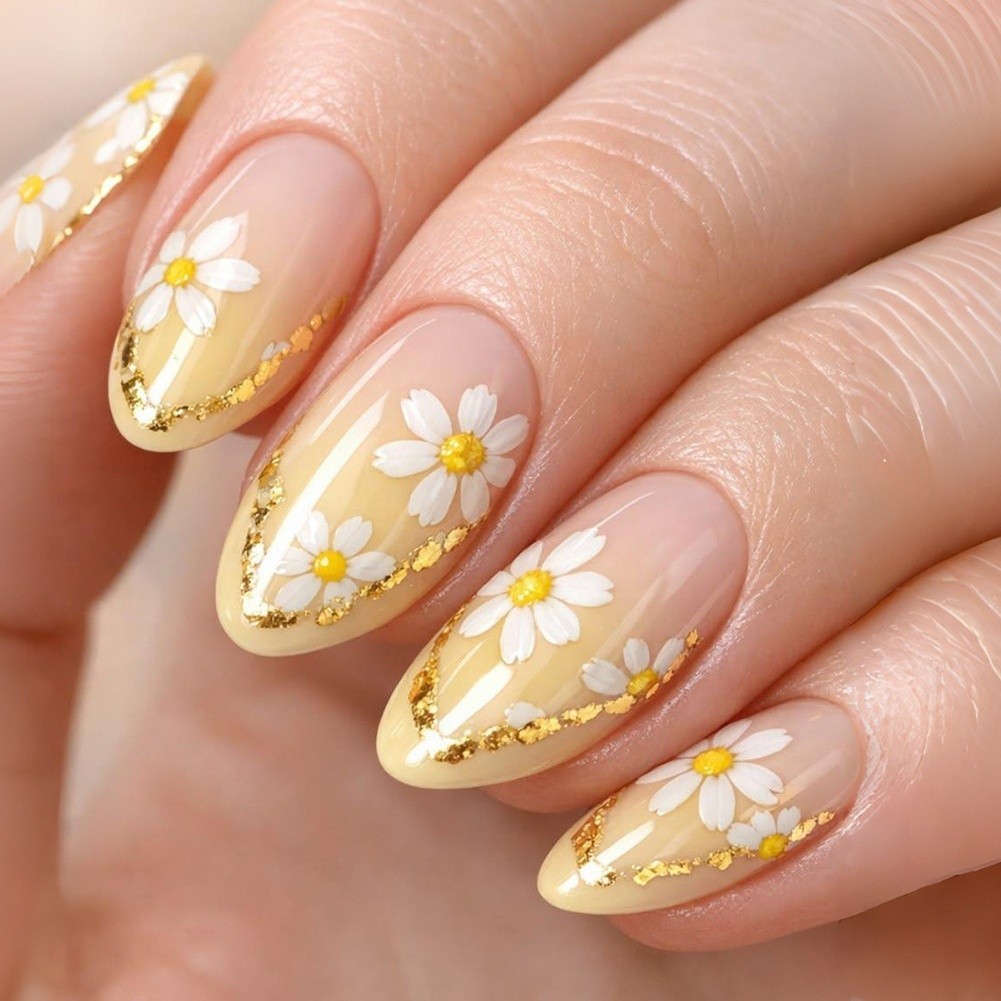 Floral Design Press On Nails Almond Cut White Nude Gold Trimmed 24 Pieces ABS