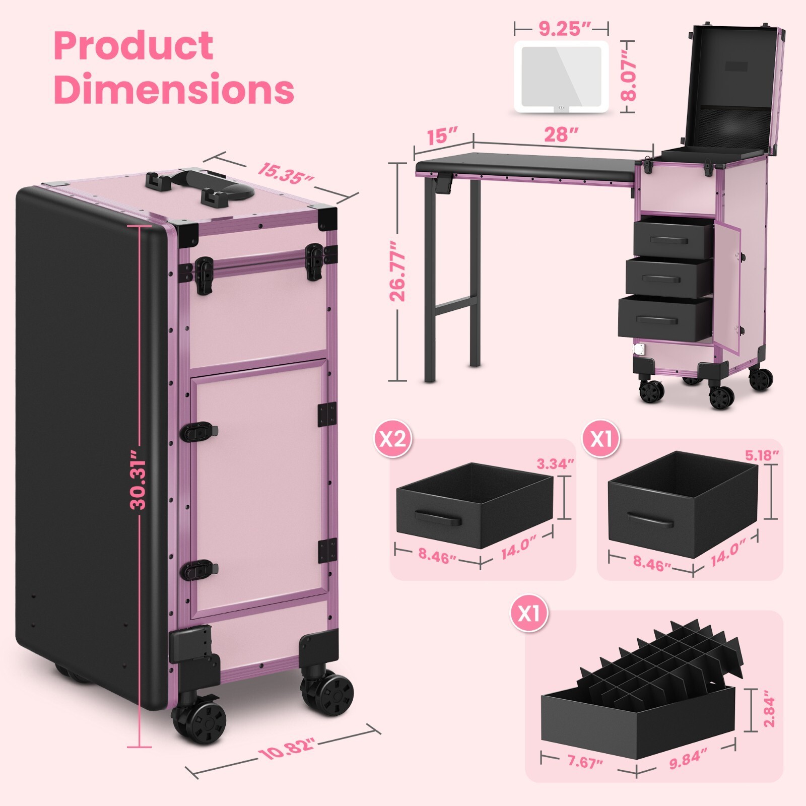 Rolling Portable Manicure Table For Nail Tech Organizer Makeup Case W/3 Drawers