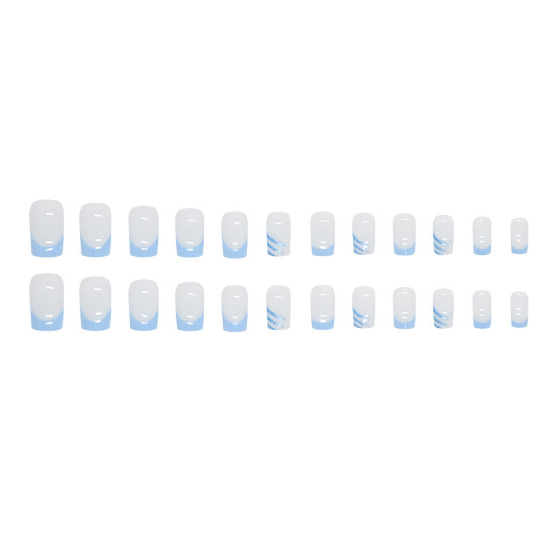 48P Short Square Press on Nails,Milky White Light Blue French Glitter Fake Nails