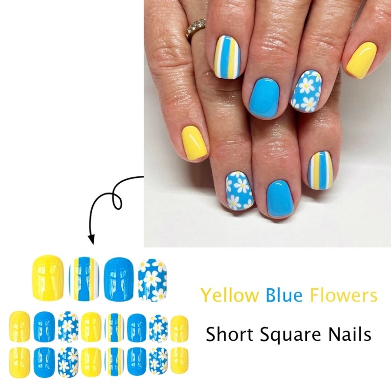 24 Pcs Lovely Flowers False Nail Simple Press On Nail Short Square Acrylic Nail