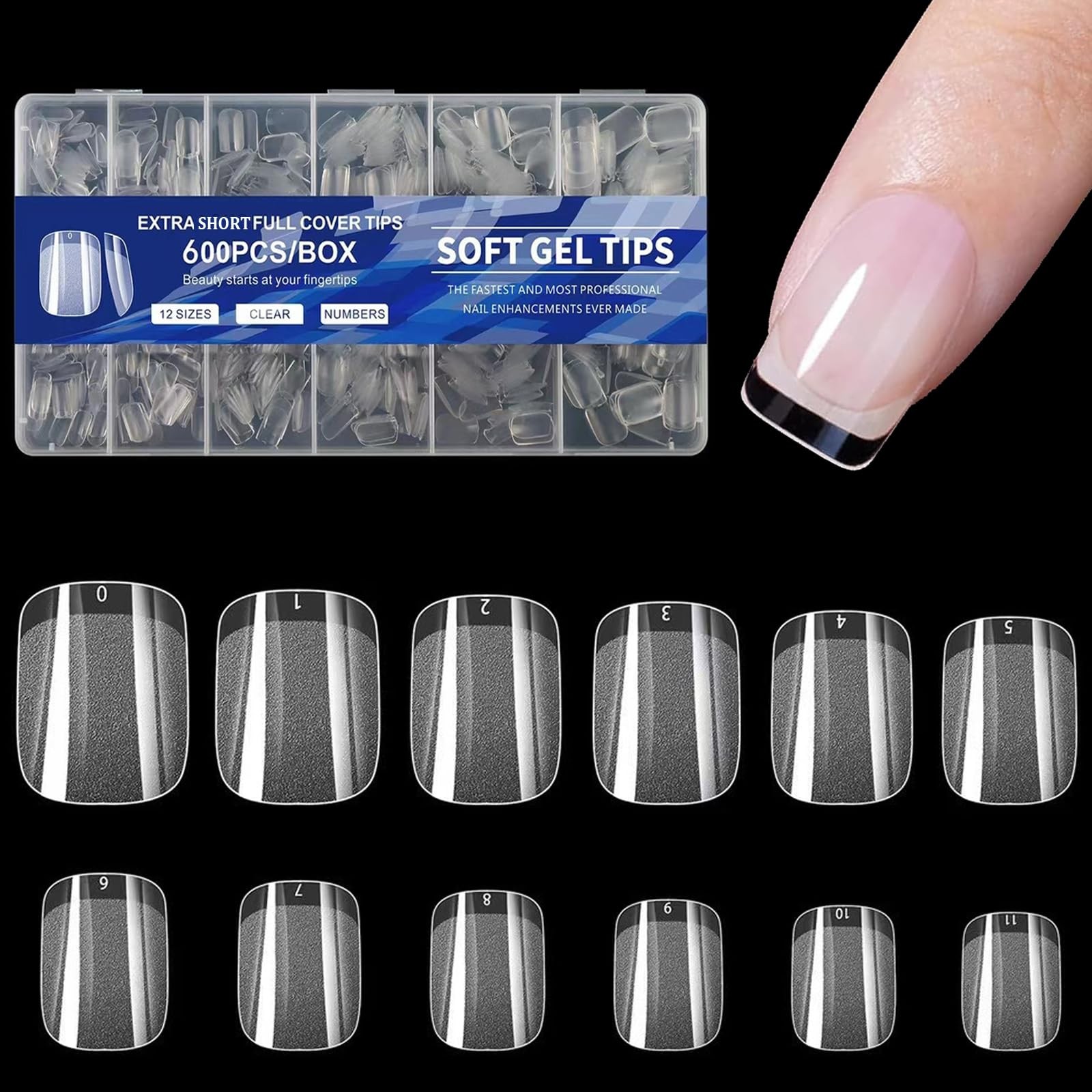 Extra Short Tapered Square Gel Nail Tips 600Pcs 12 Size, Home/Salon