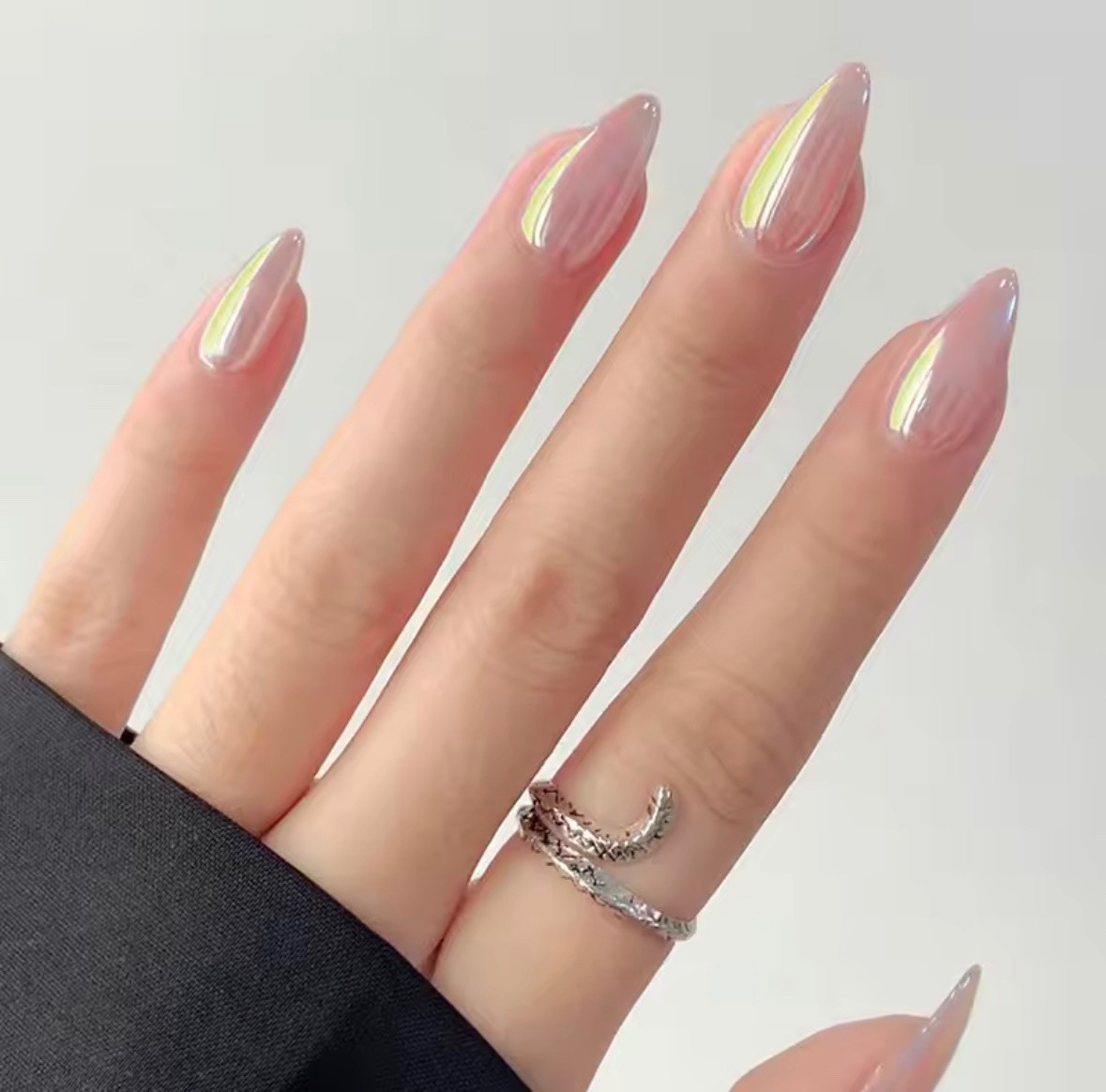 24PCS Aurora Chrome Press On Nails Short Almond Glossy Reusable Full Cover Tips