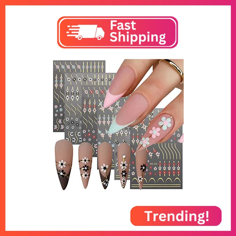 Flower Nail Art Sticker Decals, Gold Line Black White Pink Red Blue Floral Nail