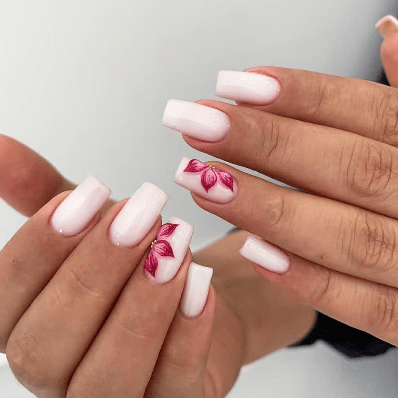 48P-Milky White Pink Floral Press on Nails Square Nail Art Set Reusable Handmade