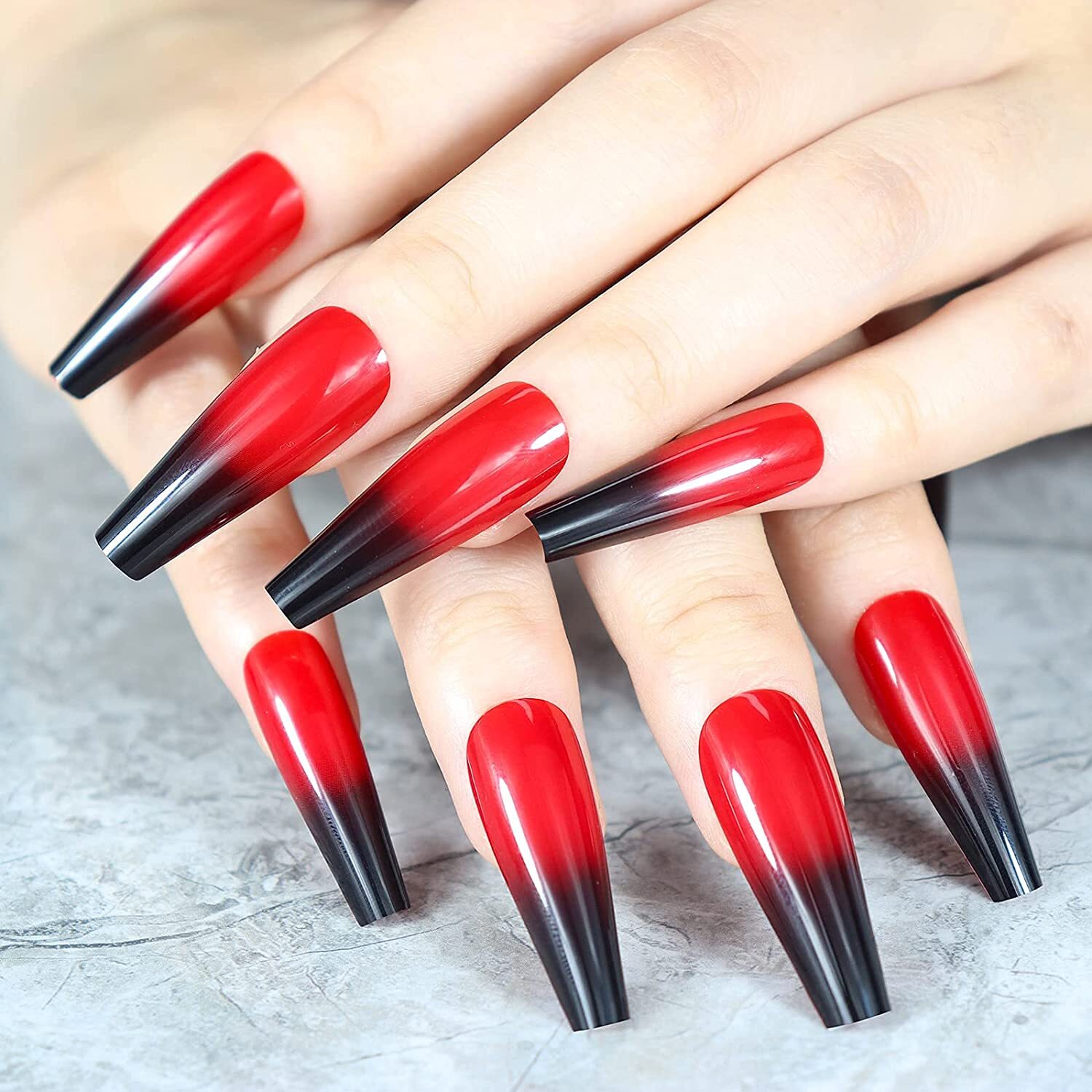 Handmade Press On Nails – Glossy Long Ombre Nails, Square Coffin Nails