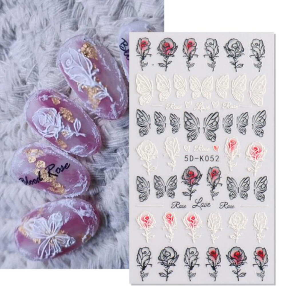 Black & White Rose Butterfly 5D Nail Stickers Embossed Decal Nail Art Decoration