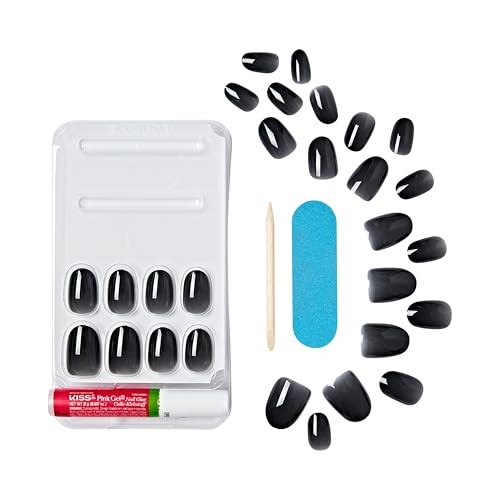 KISS Gel Fantasy Press-On Nails, Jelly Queen Black Short Oval, 28 Nails + Glue