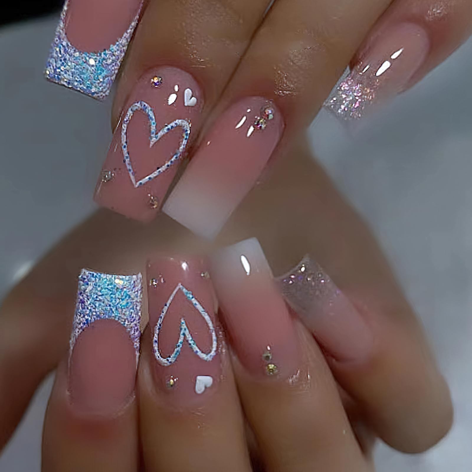 Blue Heart Press on Nails Medium Square Fake Nails Glossy Glitter French Tip
