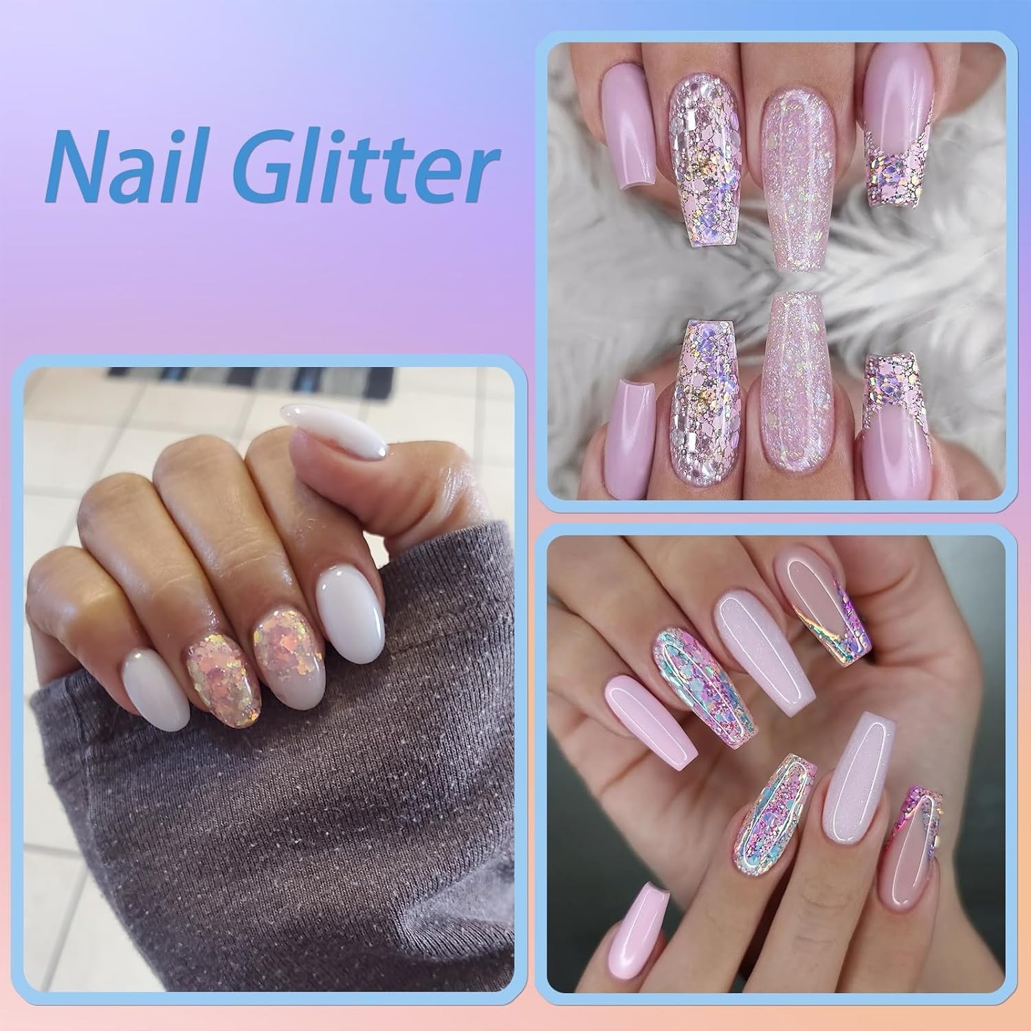 12 Grids Nail Glitter for Nail Art Supplies, Chunky Glitter Acrylic Powder Fine