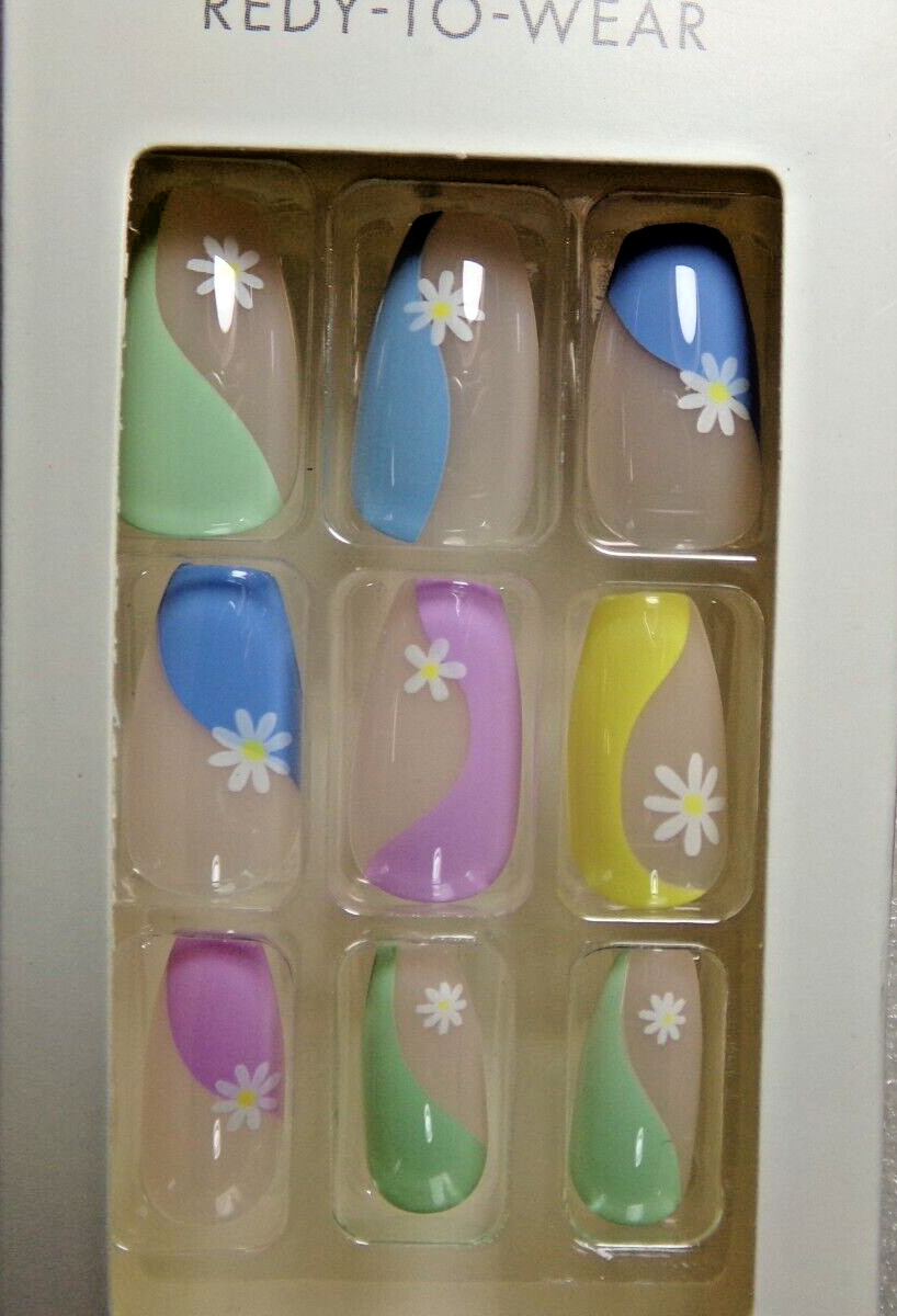 KISS NAILS GLUE ON SHINY PINK, BLUE, YELLOW MEDIUM LENGTH, COFFIN SHAPE