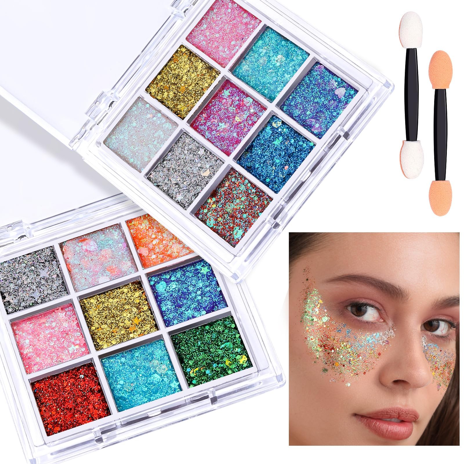 Face Glitter 2 PCS Gel 18 Grids Body Hair for Kids Women Makeup Halloween