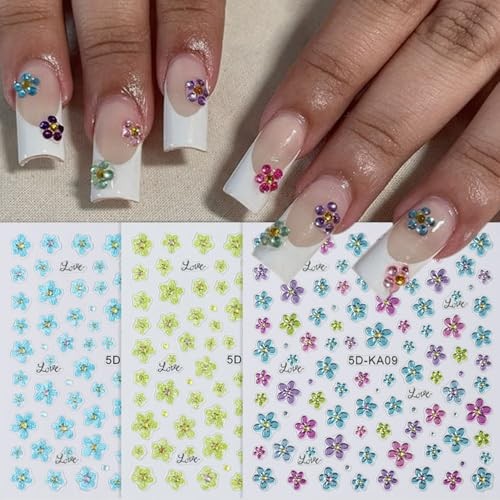 3 Sheets Spring Summer Flowers Nail Art Stickers Blue Green Purple Flowers